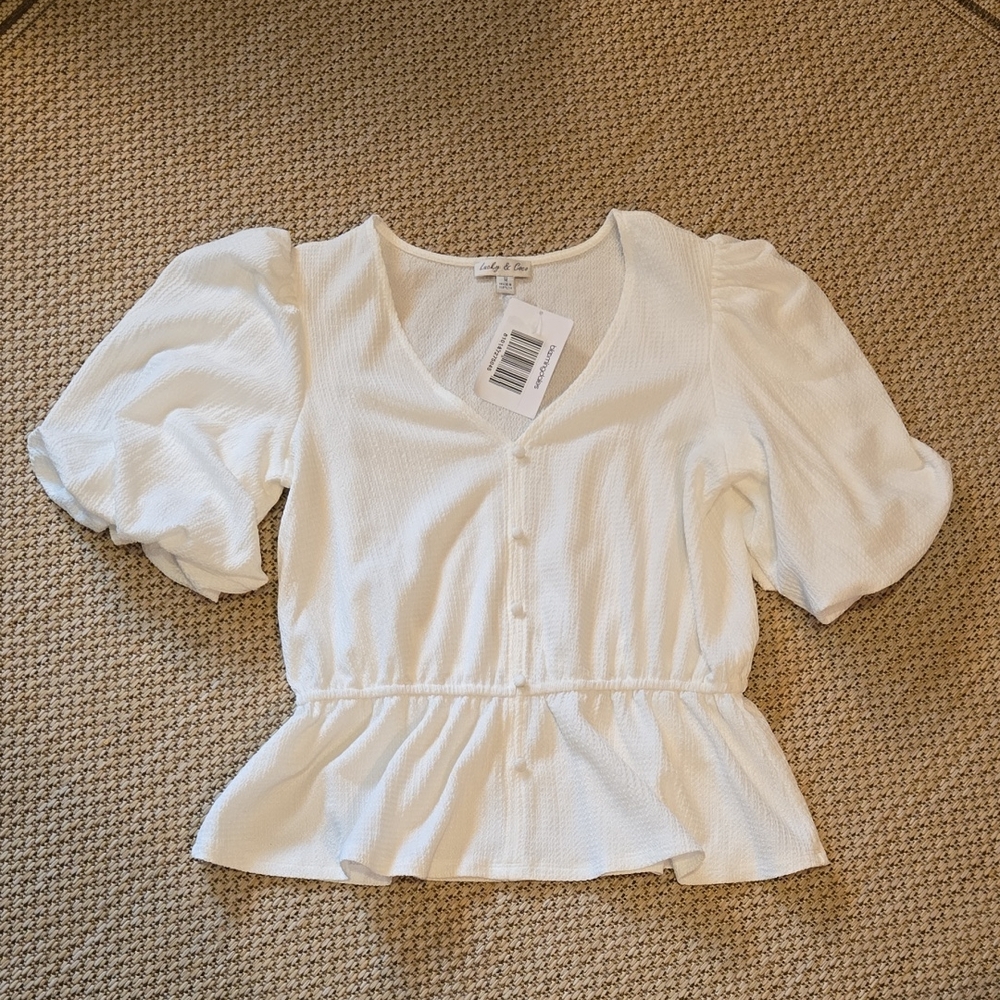 Lucky & Coco V-Neck Puffy Sleeve Stretch Waistline Blouse Size Medium